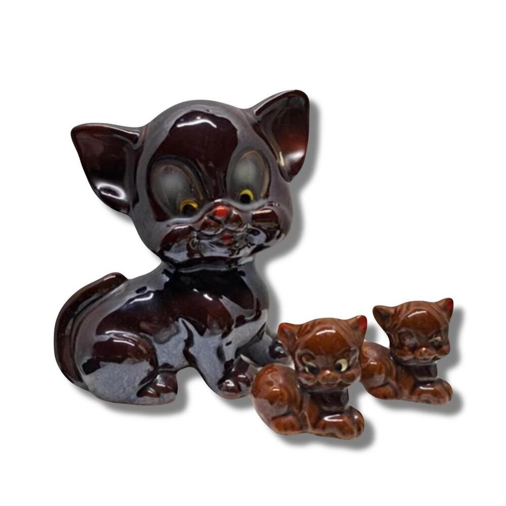 Vintage Redware Pottery Momma Cat And 2 Kittens 1950's Japan As Is